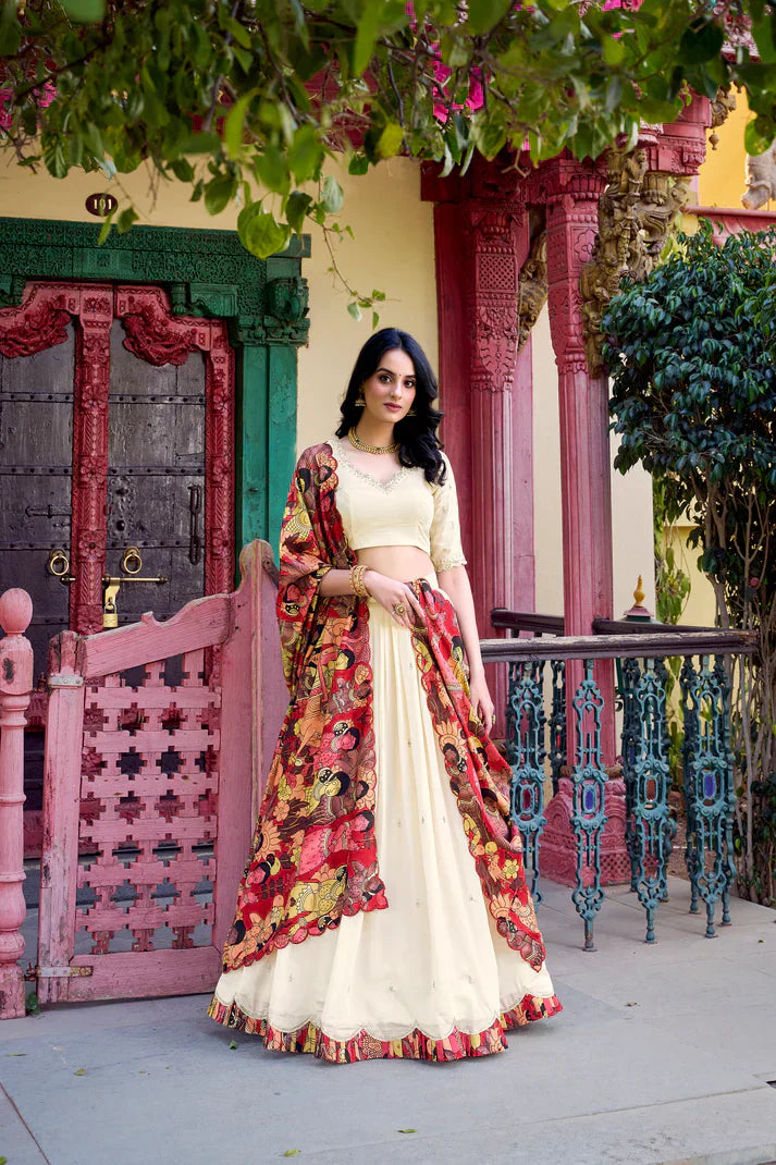 VICHITRA SILK THREAD EMBROIDERED AND KALAMKARI PRINTED LEHENGA CHOLI WITH DUPATTAPFAB176) (01)