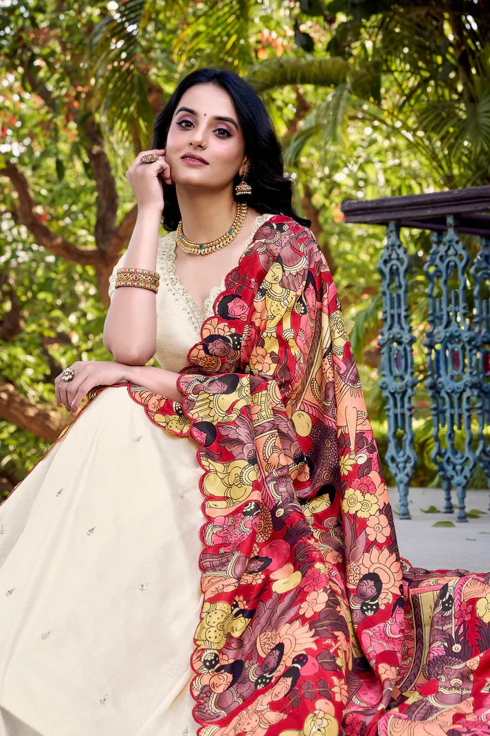 VICHITRA SILK THREAD EMBROIDERED AND KALAMKARI PRINTED LEHENGA CHOLI WITH DUPATTAPFAB176) (01)