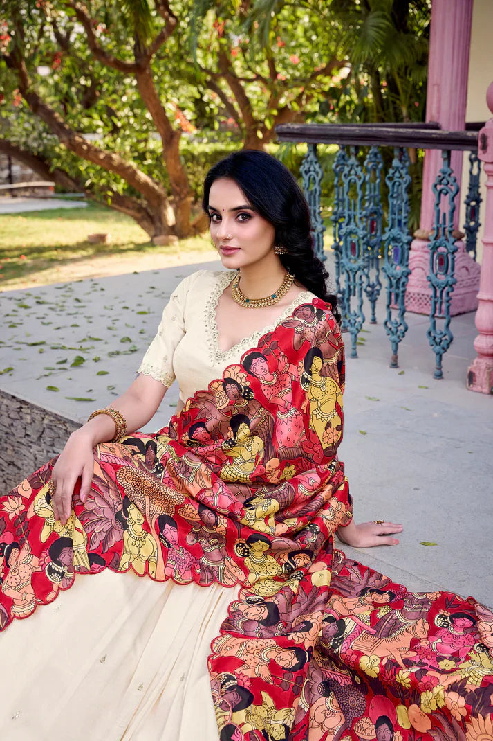 VICHITRA SILK THREAD EMBROIDERED AND KALAMKARI PRINTED LEHENGA CHOLI WITH DUPATTAPFAB176) (01)