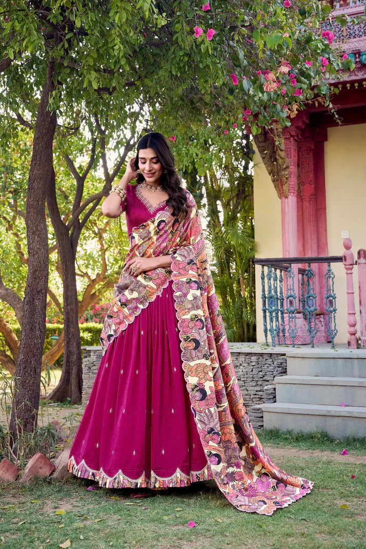VICHITRA SILK THREAD EMBROIDERED AND KALAMKARI PRINTED LEHENGA CHOLI WITH DUPATTAPFAB176)