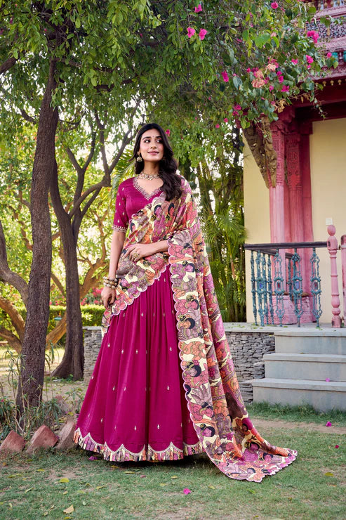 VICHITRA SILK THREAD EMBROIDERED AND KALAMKARI PRINTED LEHENGA CHOLI WITH DUPATTAPFAB176)