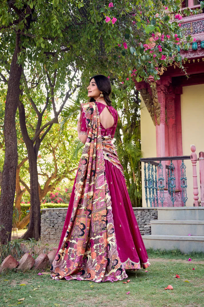 VICHITRA SILK THREAD EMBROIDERED AND KALAMKARI PRINTED LEHENGA CHOLI WITH DUPATTAPFAB176)