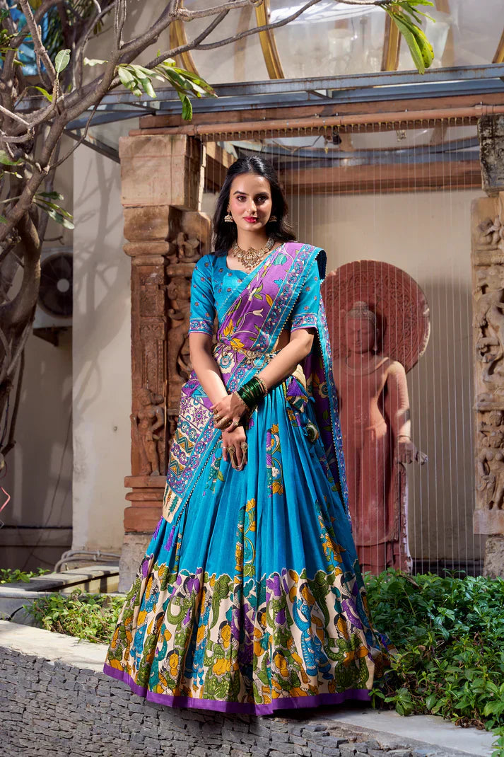 KALAMKARI TUSSAR SILK LEHENGA CHOLI WITH DUPATTAPFAB1100) (03)