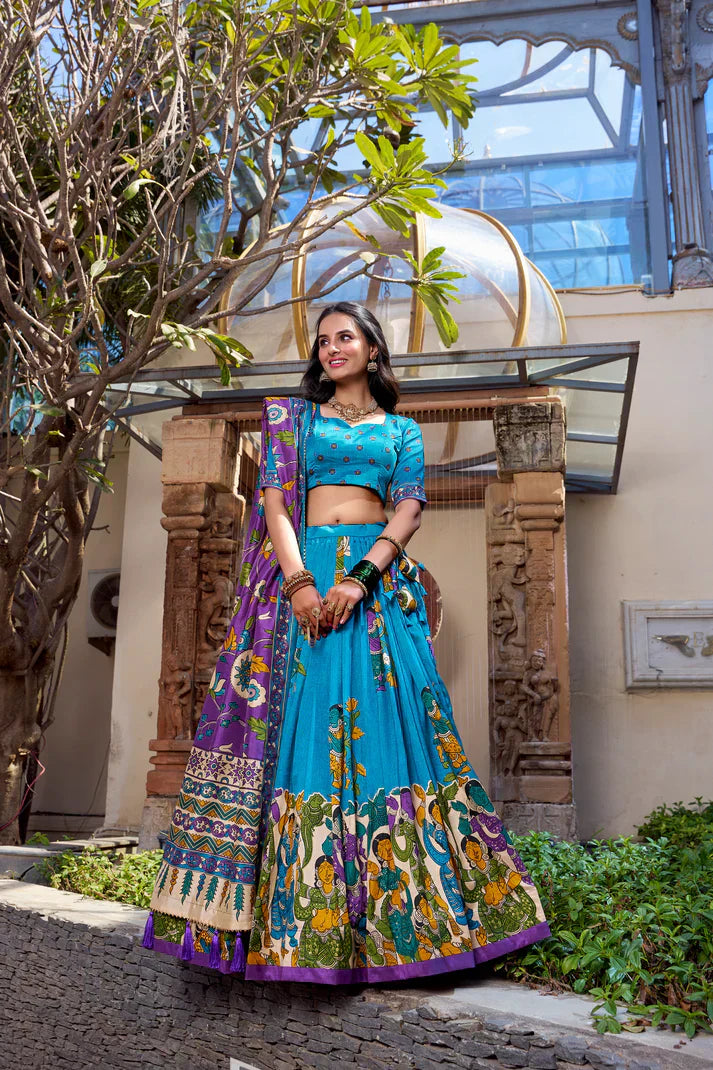KALAMKARI TUSSAR SILK LEHENGA CHOLI WITH DUPATTAPFAB1100) (03)