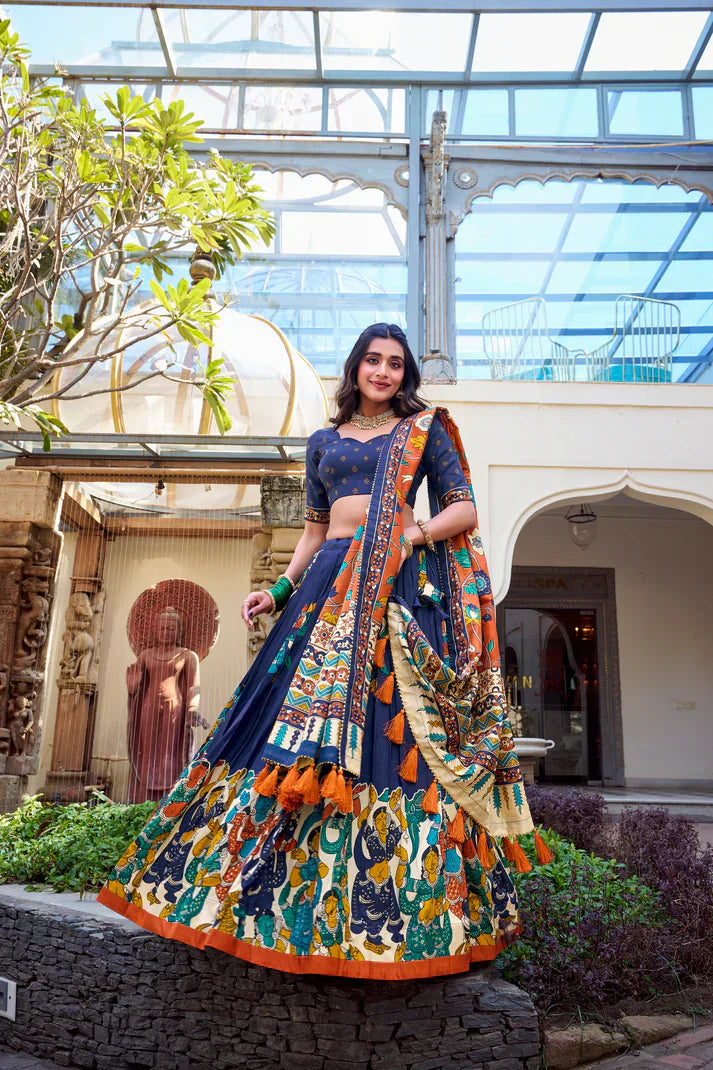 KALAMKARI TUSSAR SILK LEHENGA CHOLI WITH DUPATTAPFAB1100) (02)