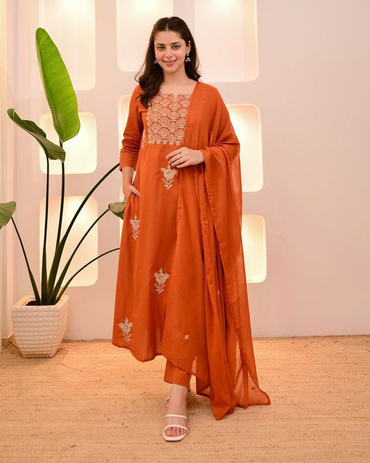 Amayra Cotton Kurta Embroidery Work Kurti Pant And Dupatta - Orange
