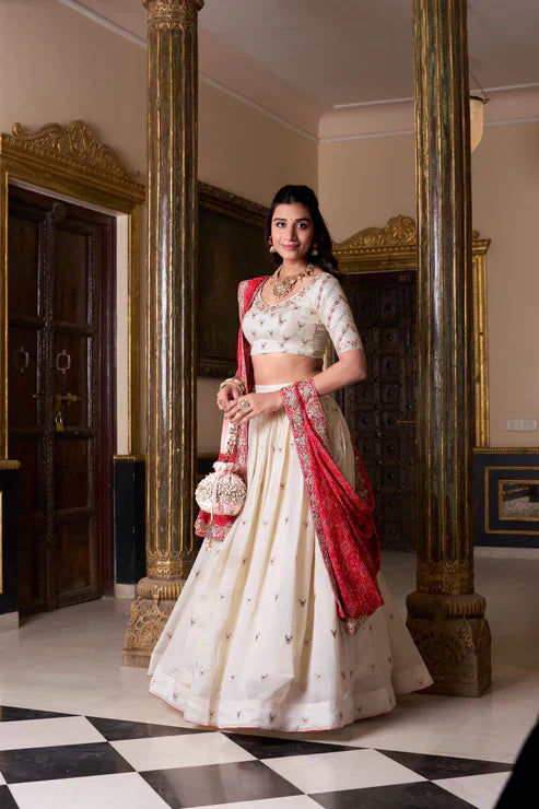 VICHITRA SILK EMBROIDERED LEHENGA CHOLI WITH BADHEJ PRINT DUPATTAPFAB174)