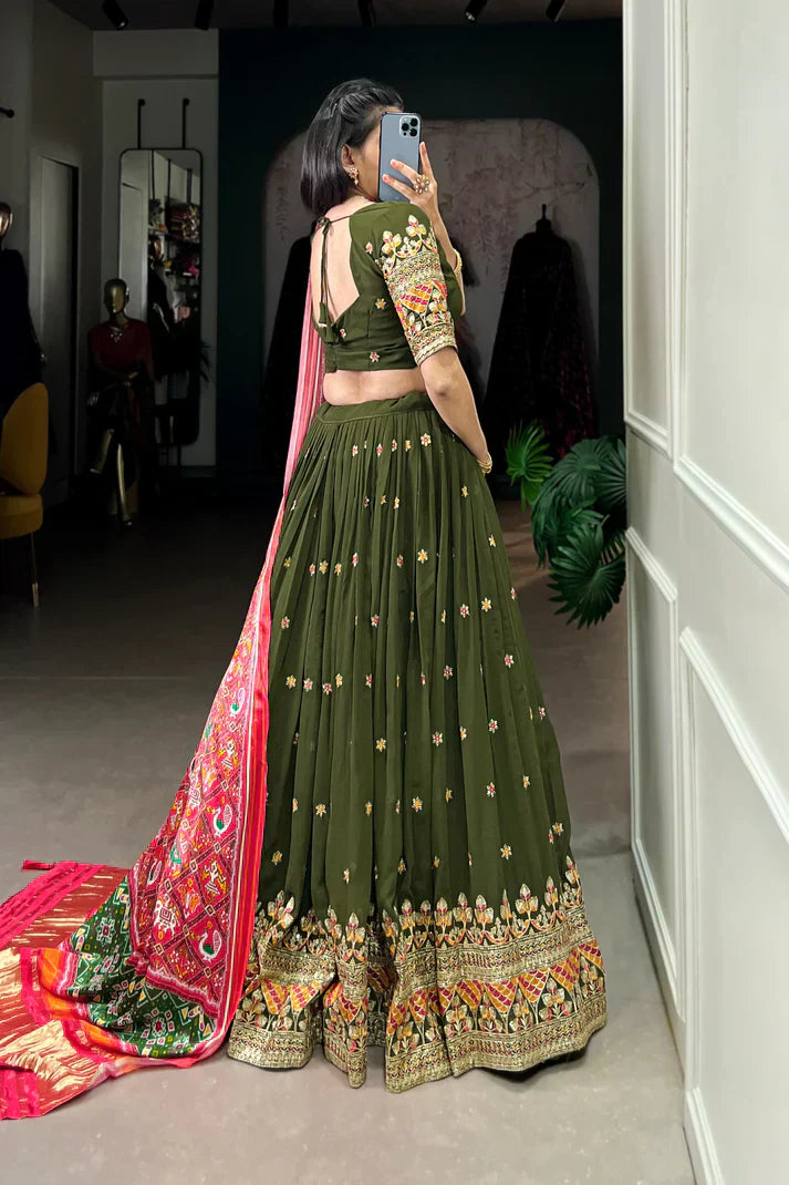 PREMIUM GEORGETTE WITH SEQUANCE AND THREAD EMBROIDERED WORK LEHENGA CHOLI WITH PURE GAJI SILK DUPATTAPFAB1104)