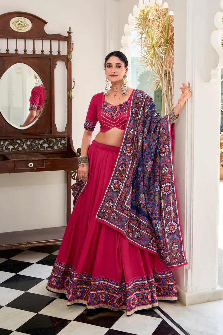 NAVRATRI SPECIAL TUSSAR SILK GAMTHI PRINT LEHENGA CHOLI WITH DUPATTAPFAB1190) (03)