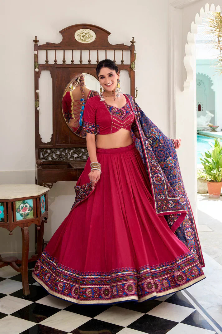 NAVRATRI SPECIAL TUSSAR SILK GAMTHI PRINT LEHENGA CHOLI WITH DUPATTAPFAB1190) (03)