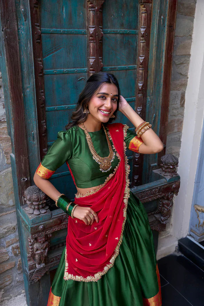 NARAYAN PATTU LEHENGA CHOLI WITH GEORGETTE EMBROIDERED DUPATTAPFAB197)(01)