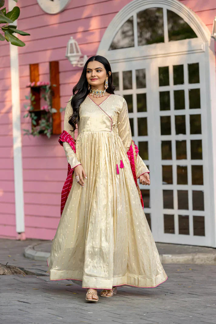 FESTIVAL SPECIAL JEQUARD BUTTI GOWN WITH CHINON BANDHANI PRINT DUPATTAPFAB194)