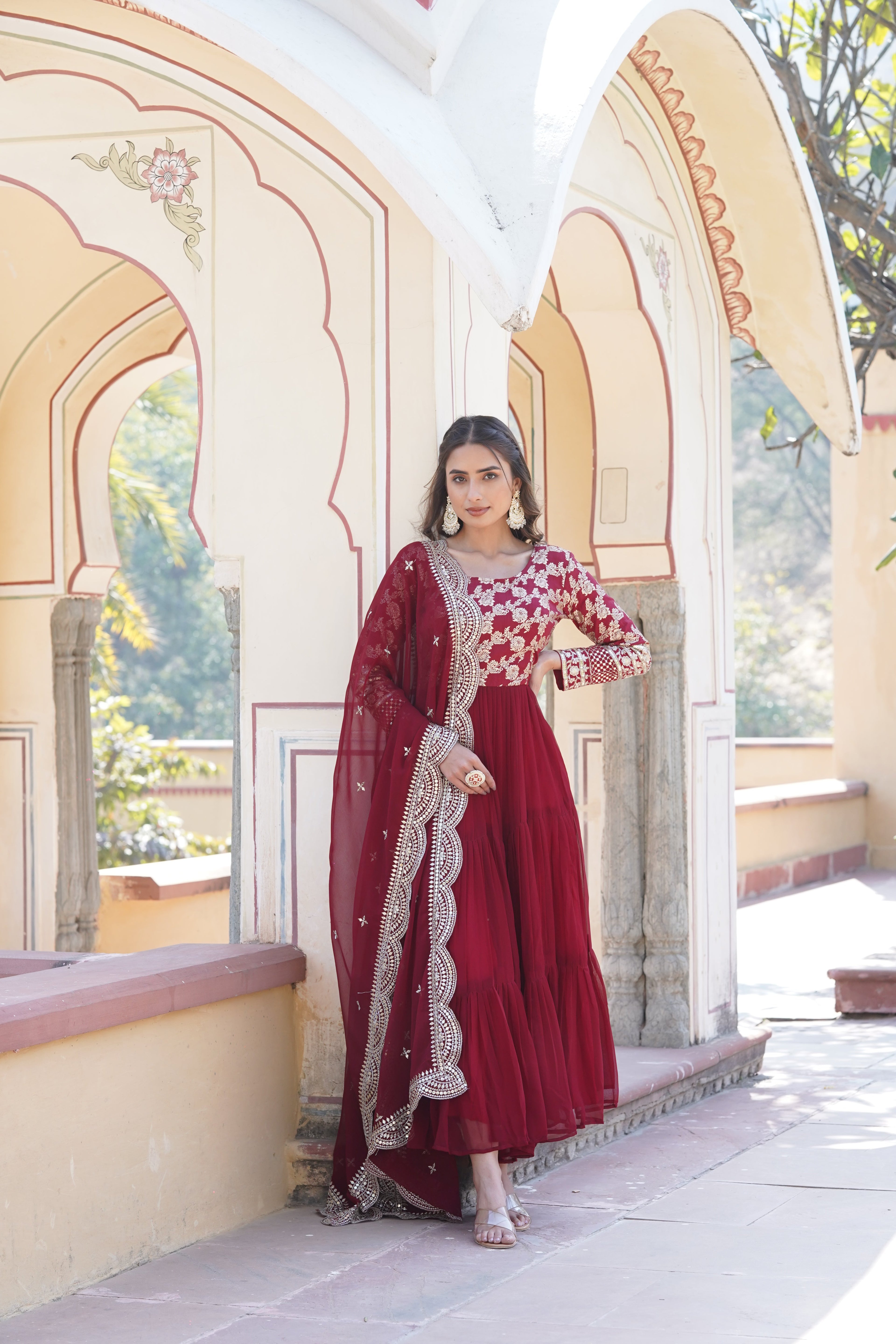 Tilton  Faux Blooming Gowns. with Viscose Dyable Jacquard With Sequins Embroidered Work Faux Blooming Dupatta