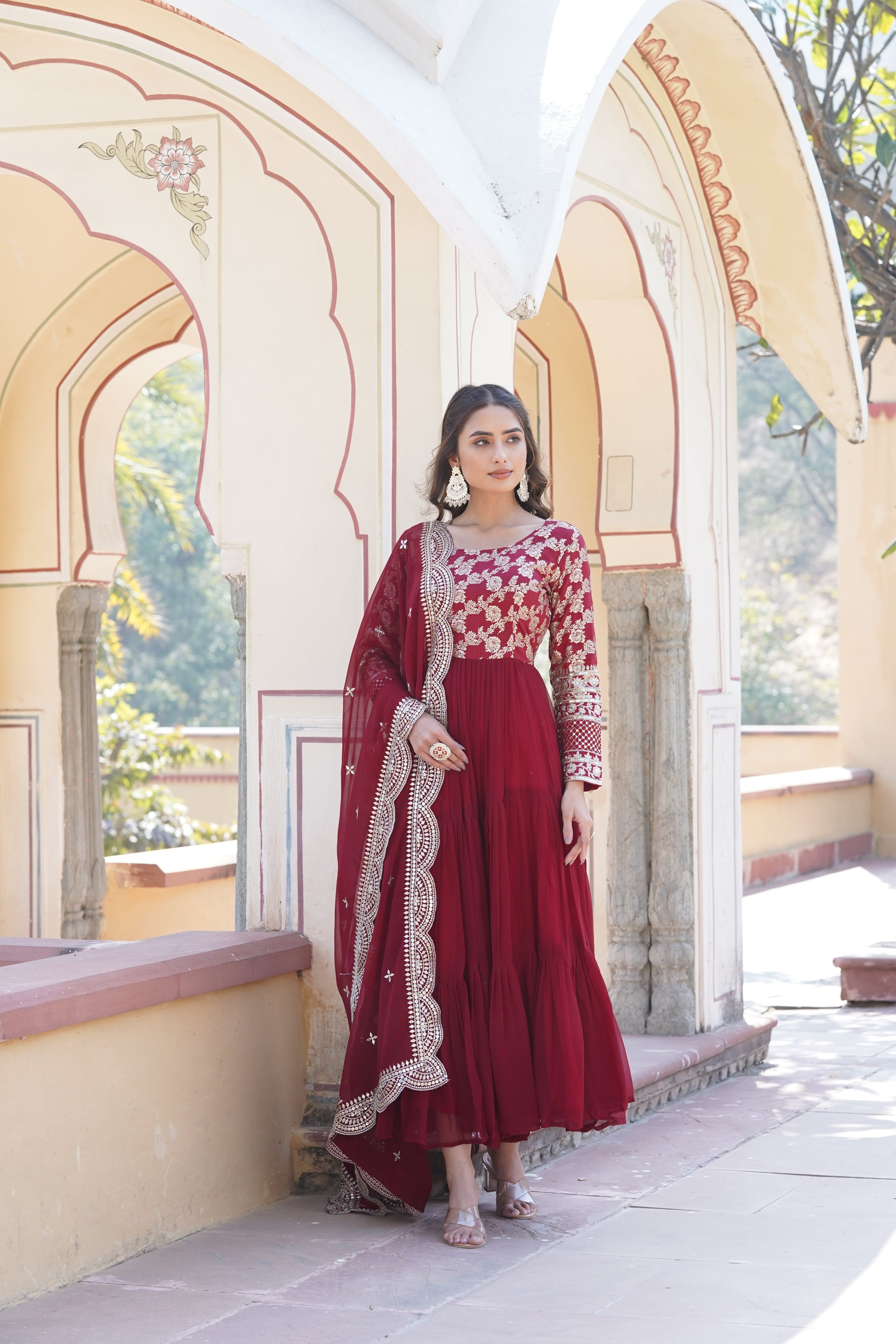 Tilton  Faux Blooming Gowns. with Viscose Dyable Jacquard With Sequins Embroidered Work Faux Blooming Dupatta