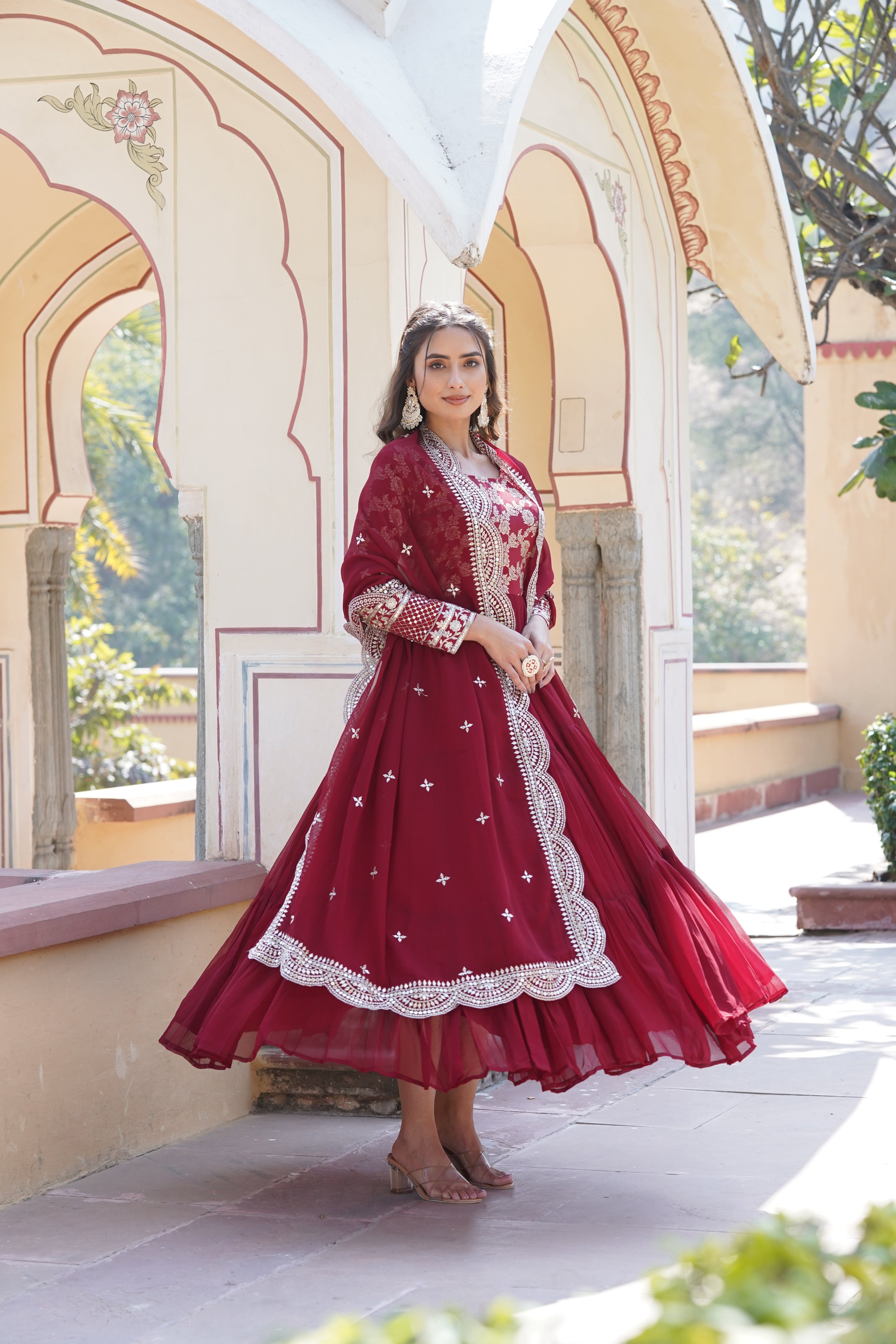Tilton  Faux Blooming Gowns. with Viscose Dyable Jacquard With Sequins Embroidered Work Faux Blooming Dupatta