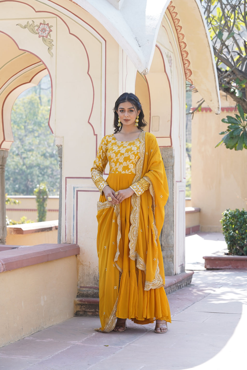 Tilton  Faux Blooming Gowns. with Viscose Dyable Jacquard With Sequins Embroidered Work Faux Blooming Dupatta