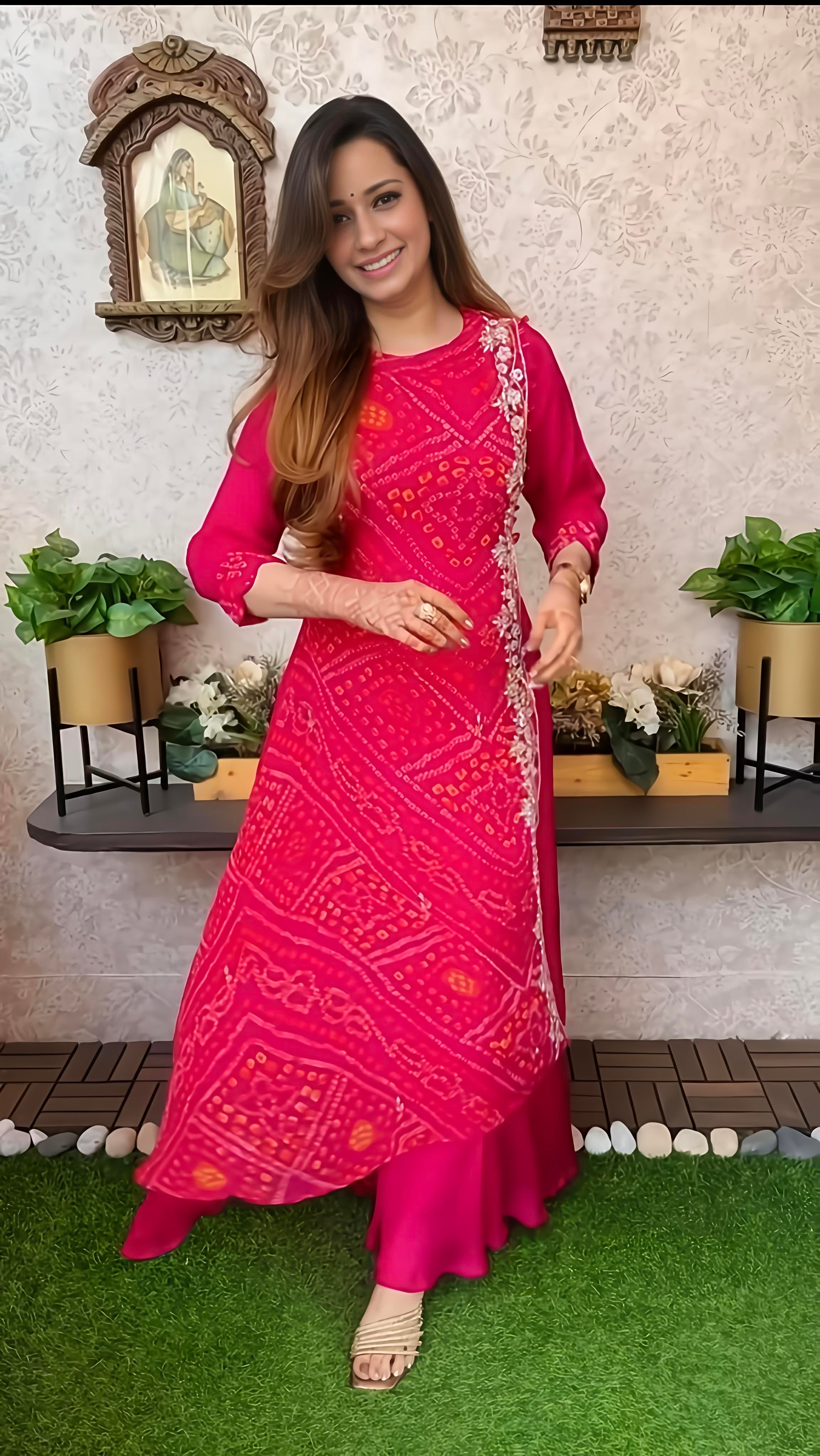 Export Pure Chinnon Silk Long Gown With Bhandej Heavy Hand Work Double Layer (RD027)