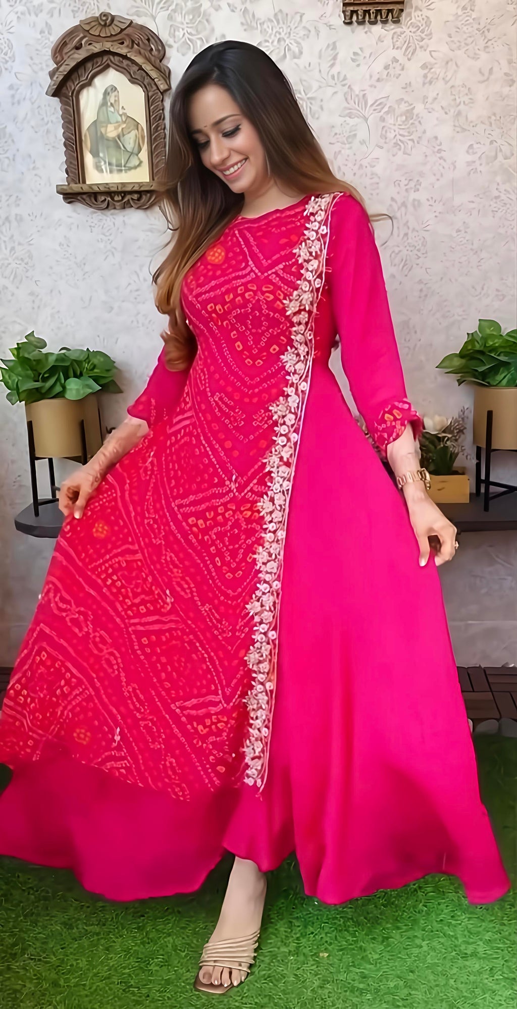 Export Pure Chinnon Silk Long Gown With Bhandej Heavy Hand Work Double Layer (RD027)