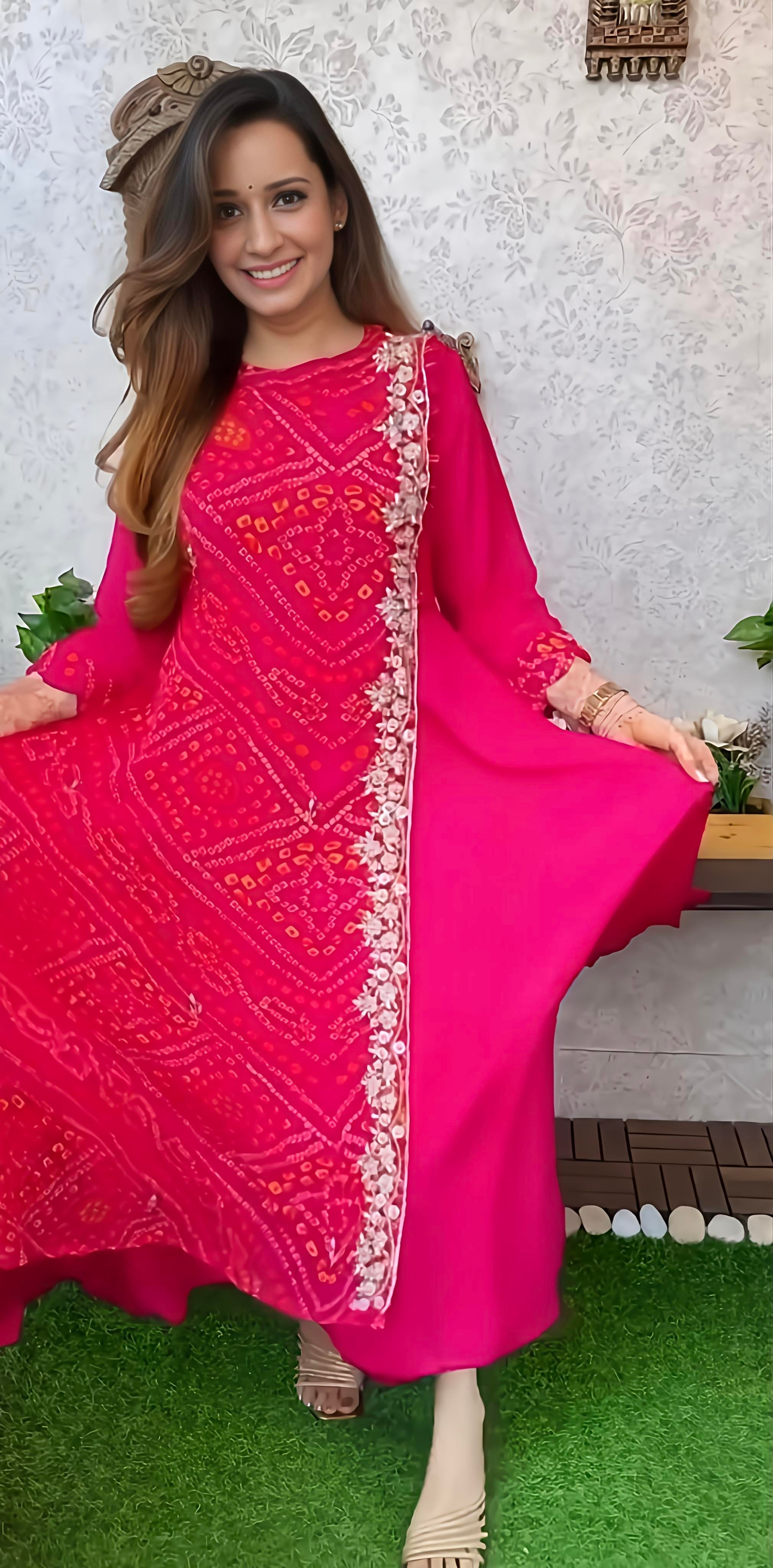 Export Pure Chinnon Silk Long Gown With Bhandej Heavy Hand Work Double Layer (RD027)