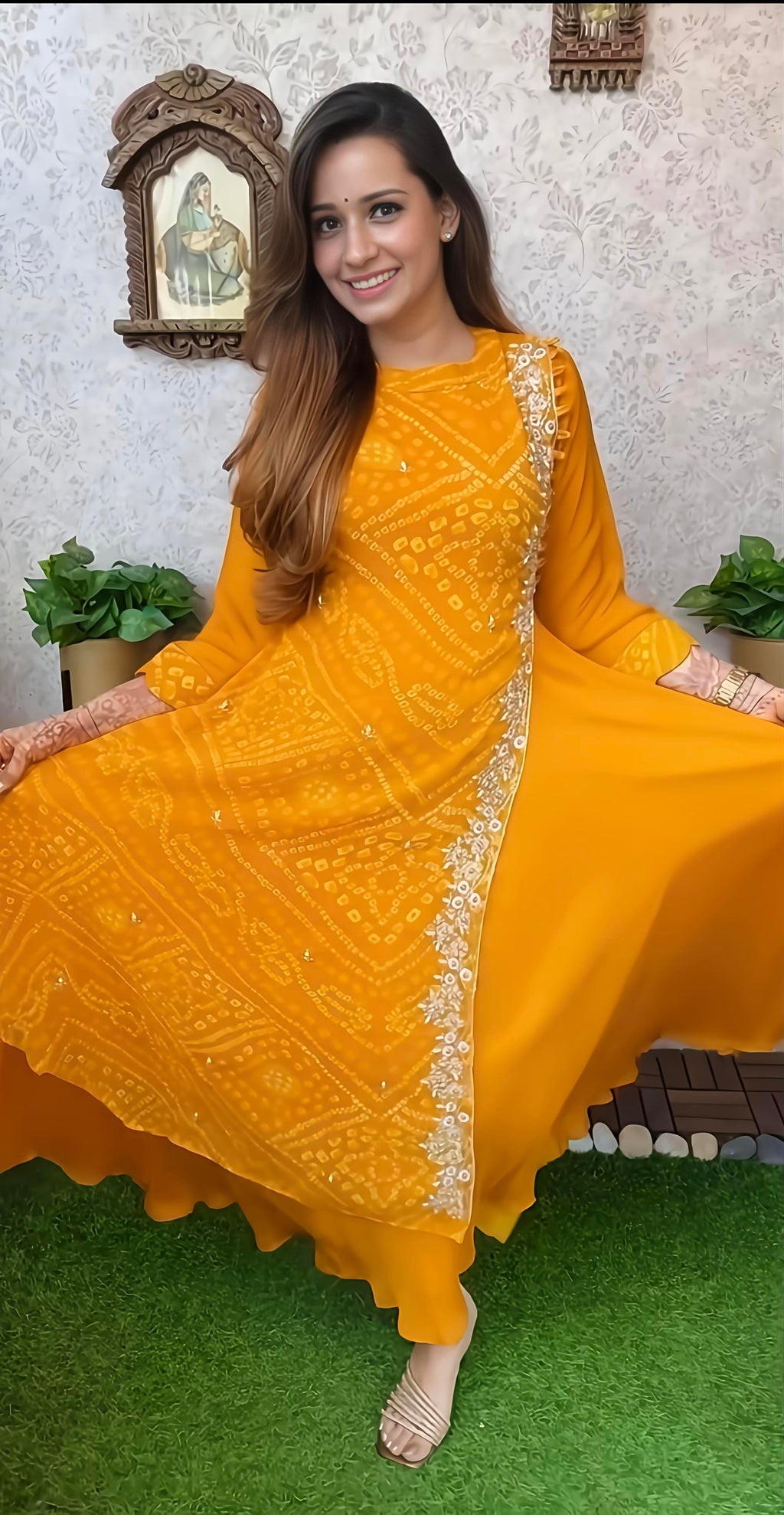 Export Pure Chinnon Silk Long Gown With Bhandej Heavy Hand Work Double Layer (RD025)