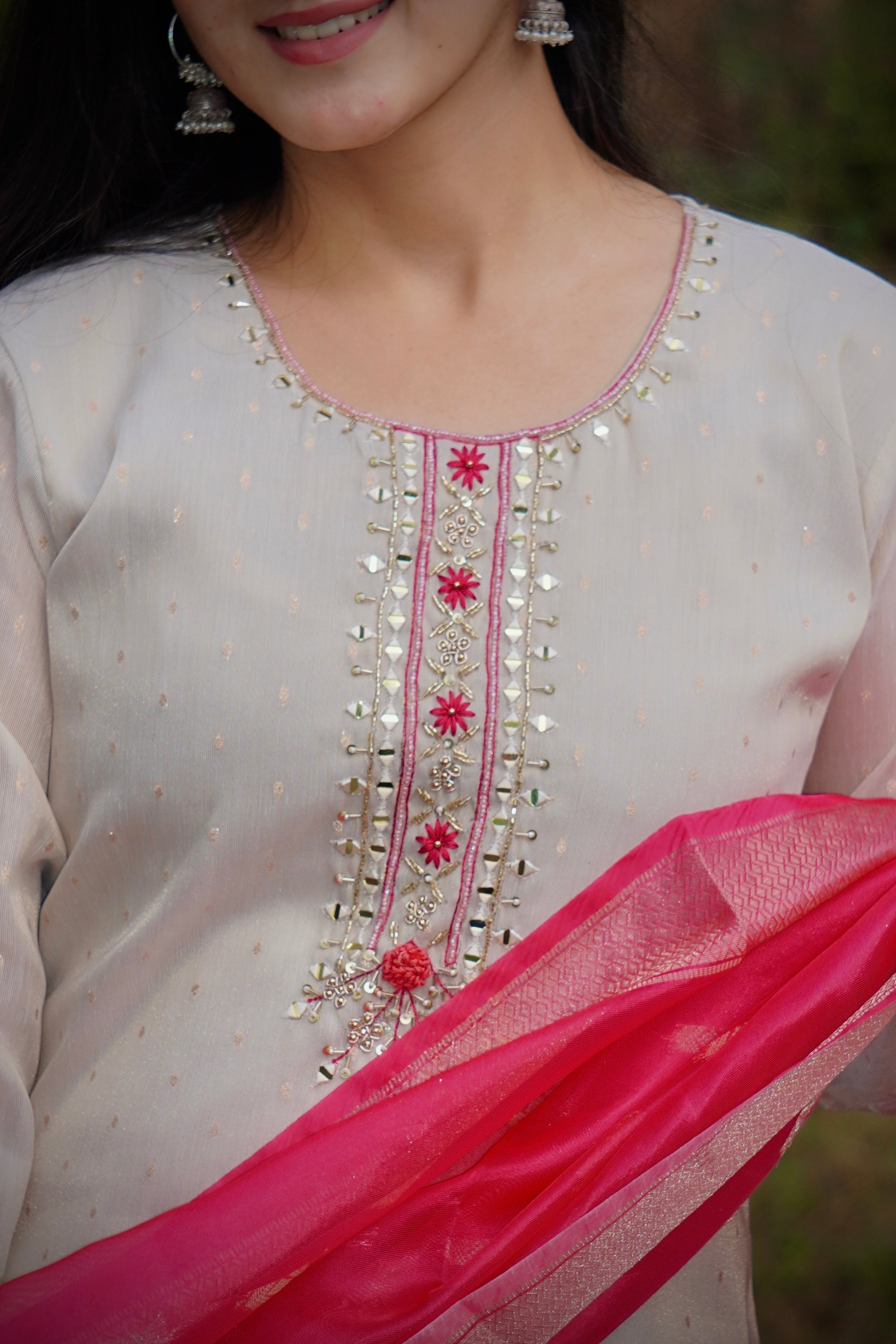 Premium Tissue Shimmer Suit Set Which is Beautifully Decorated With Hand Khatli Work And Original Mirror Work With Butti Pattern(PFAB151)