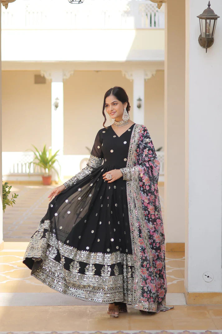 Faux Georgette with Embroidery Zari Sequins-work premium gownPFAB118)