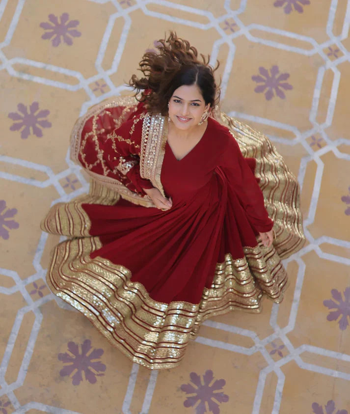 PREMIUM READYMADEFAUX BLOOMING SEQUENCE EMBROIDERED GOWN WITH DUPATTA SETPFAB101)