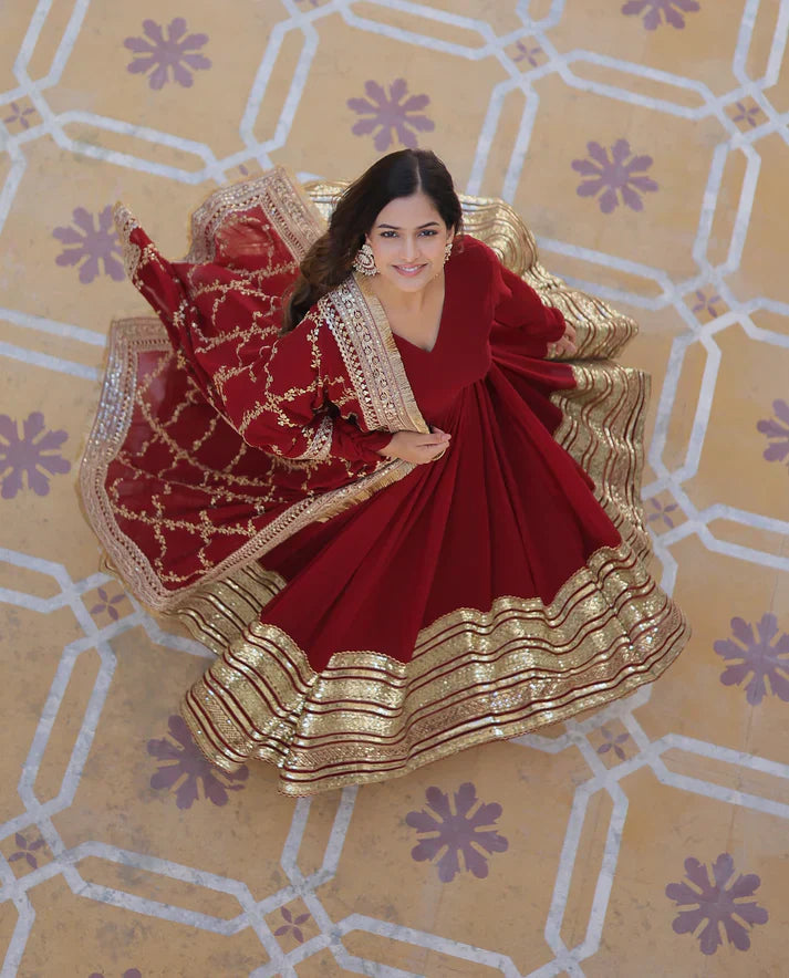 PREMIUM READYMADEFAUX BLOOMING SEQUENCE EMBROIDERED GOWN WITH DUPATTA SETPFAB101)