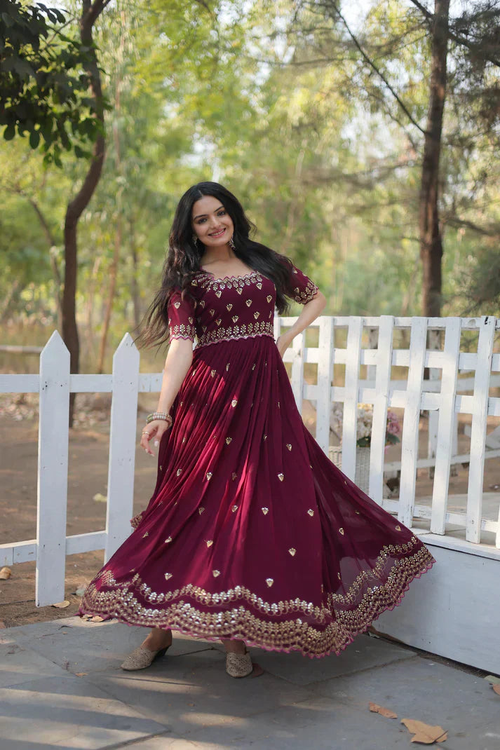 ZARI THREAD SEQUINS EMBROIDERY WORK GOWN PFAB129)