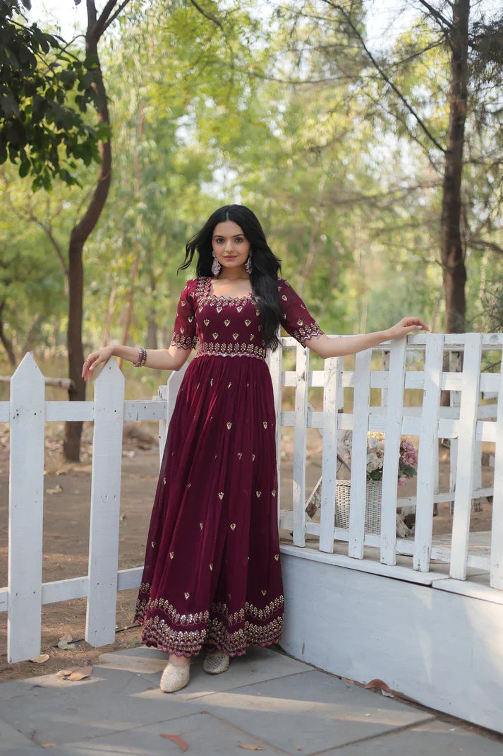 ZARI THREAD SEQUINS EMBROIDERY WORK GOWN PFAB129)