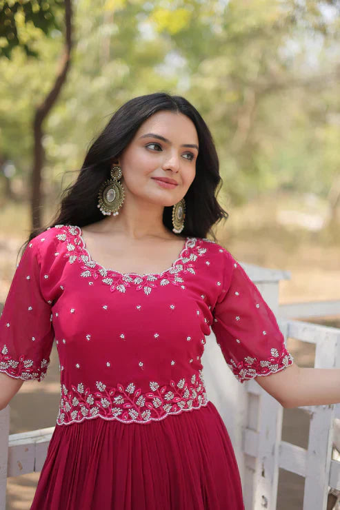 FESTIVAL SPECIAL BEADS EMBROIDERY WORK GOWNPFAB147)