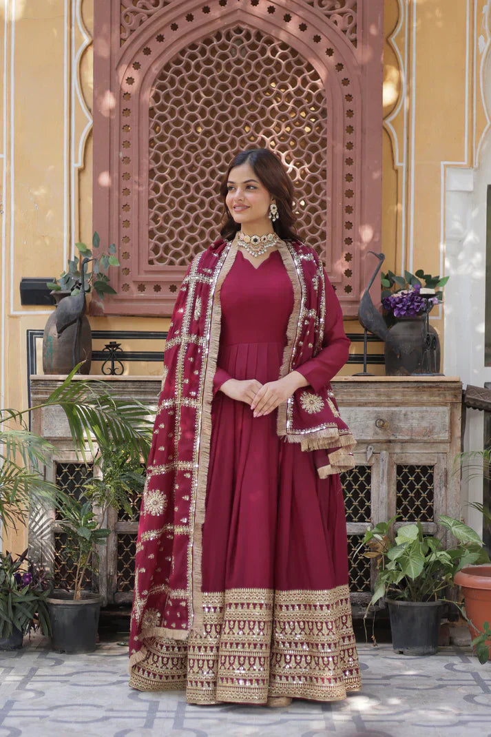 WEDDING SPECIAL STAR GEORGETTE ZARI SEQUINS EMBROIDERED GOWN WITH DUPATTAPFAB1122)