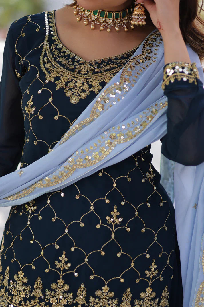 WEDDING SPECIAL FAUX BLOOMING GEORGETTE SEQUINS EMBROIDERED PLAZZO SET WITH DUPATTAPFAB1121)