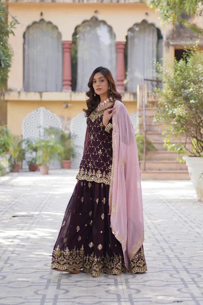 WEDDING SPECIAL FAUX BLOOMING GEORGETTE SEQUINS EMBROIDERED PLAZZO SET WITH DUPATTAPFAB1121) (01)