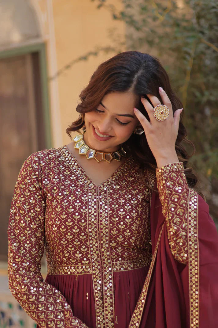 WEDDING SPECIAL FAUX GEORGETTE EMBROIDERED GOWN WITH BOTTOM AND DUPATTAPFAB1113) (01)