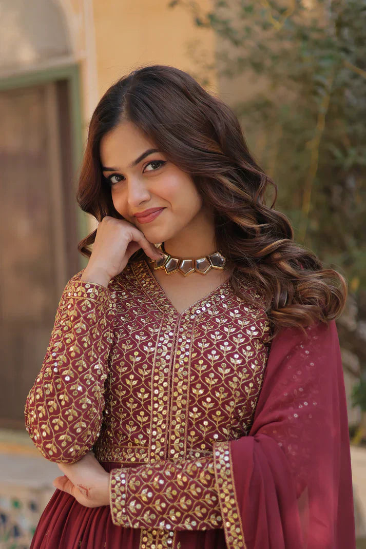 WEDDING SPECIAL FAUX GEORGETTE EMBROIDERED GOWN WITH BOTTOM AND DUPATTAPFAB1113) (01)