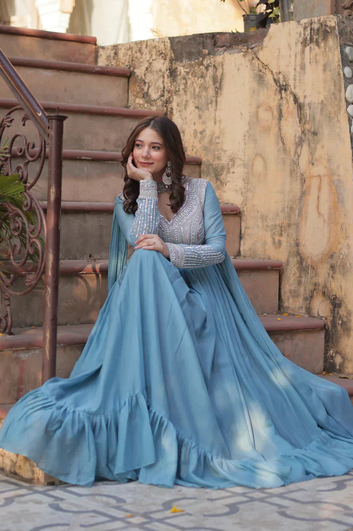 WEDDING SPECIAL GEORGETTE BEADS SEQUANCE EMBROIDERED GOWN WITH DUPATTAPFAB1102) (01)