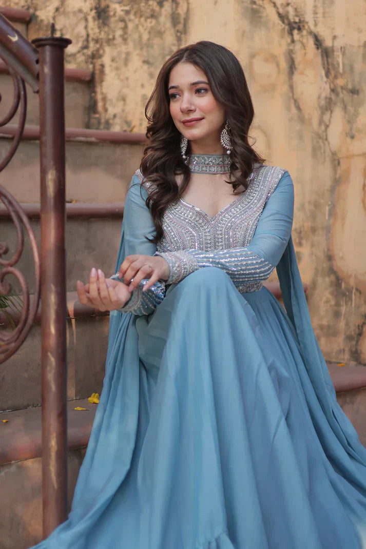 WEDDING SPECIAL GEORGETTE BEADS SEQUANCE EMBROIDERED GOWN WITH DUPATTAPFAB1102) (01)