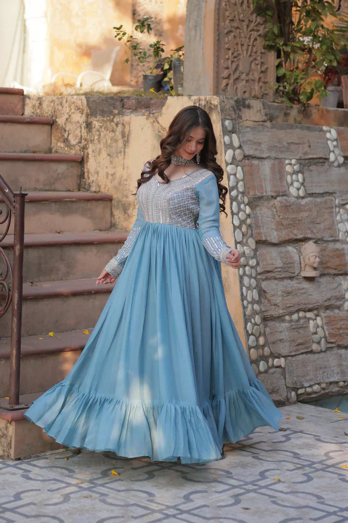 WEDDING SPECIAL GEORGETTE BEADS SEQUANCE EMBROIDERED GOWN WITH DUPATTAPFAB1102) (01)