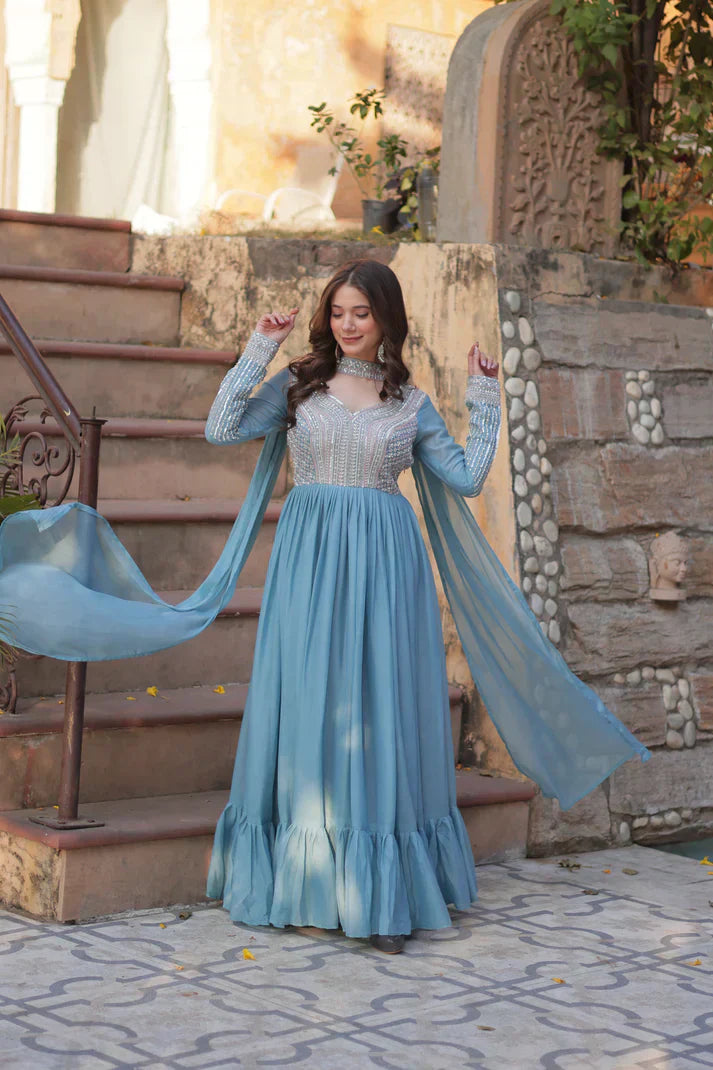 WEDDING SPECIAL GEORGETTE BEADS SEQUANCE EMBROIDERED GOWN WITH DUPATTAPFAB1102) (01)