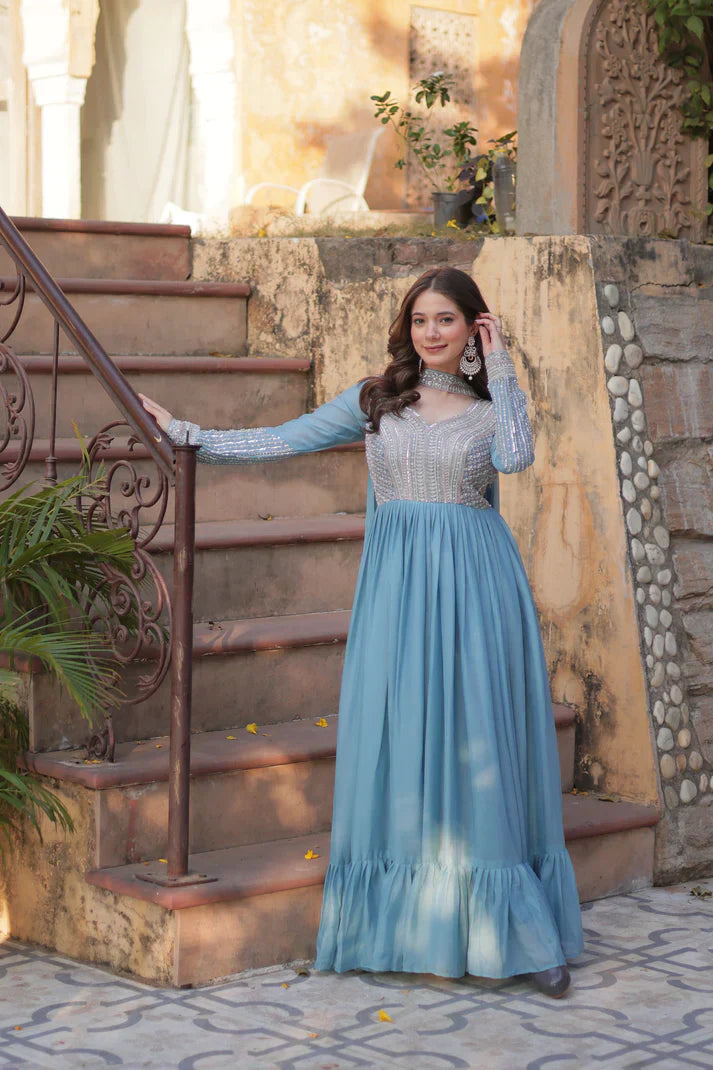 WEDDING SPECIAL GEORGETTE BEADS SEQUANCE EMBROIDERED GOWN WITH DUPATTAPFAB1102) (01)