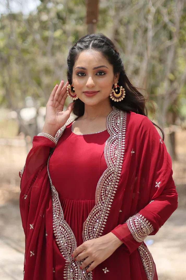 Desirable Women's gown Made With Faux Blooming Fabrics and Designer Embroidered DupattaPFAB116) (01)