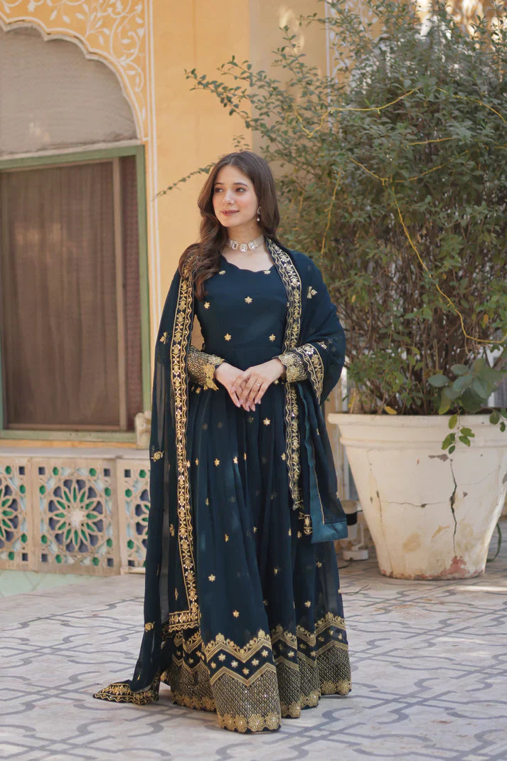 FAUX BLOOMING GEORGETTE SEQUINS EMBROIDERED GOWN WITH DUPATTAPFAB112)