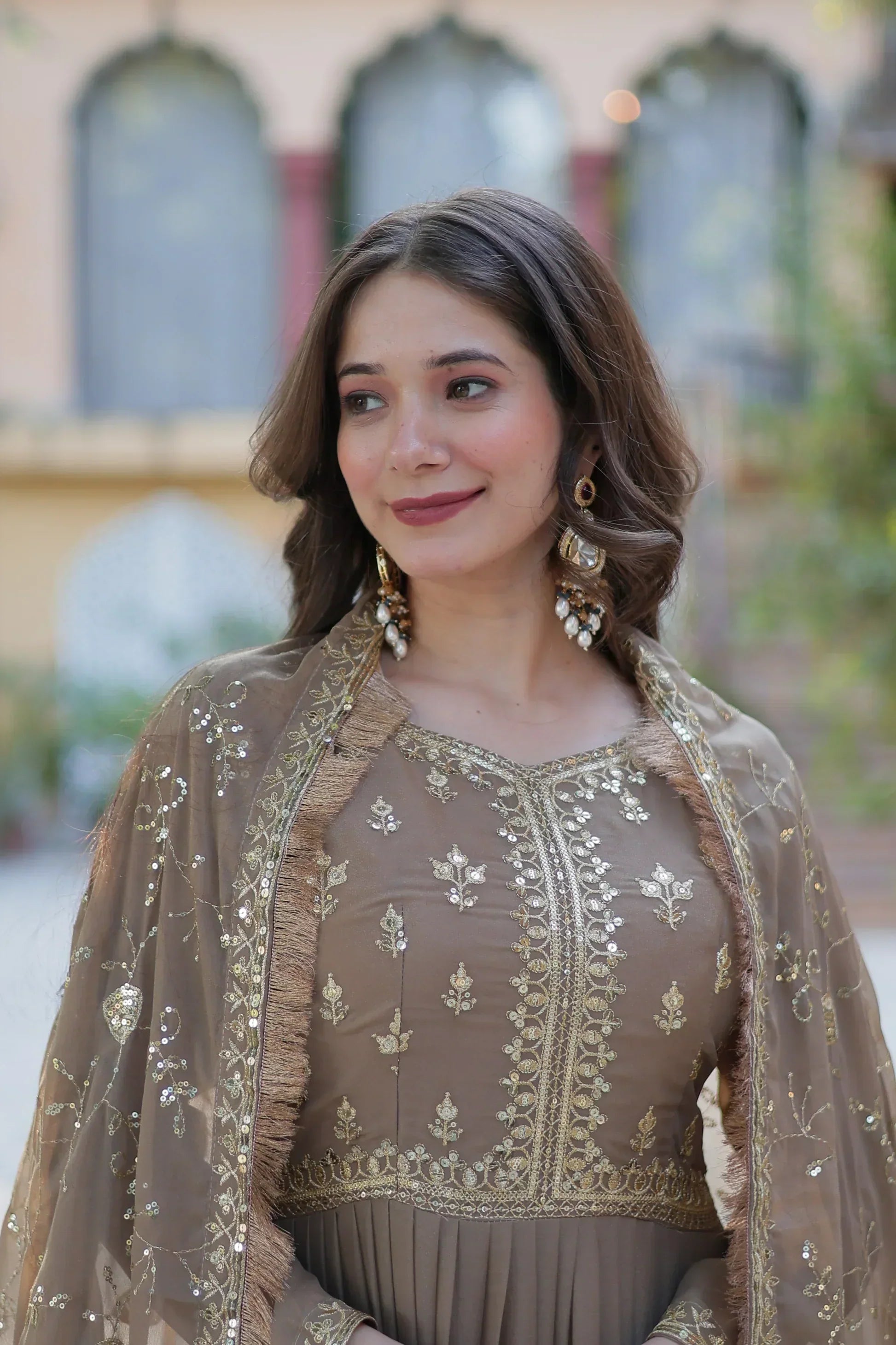 WEDDING SPECIAL STAR GEORGETTE ZARI SEQUINS EMBROIDERED GOWN WITH DUPATTA PFAB156) (03)