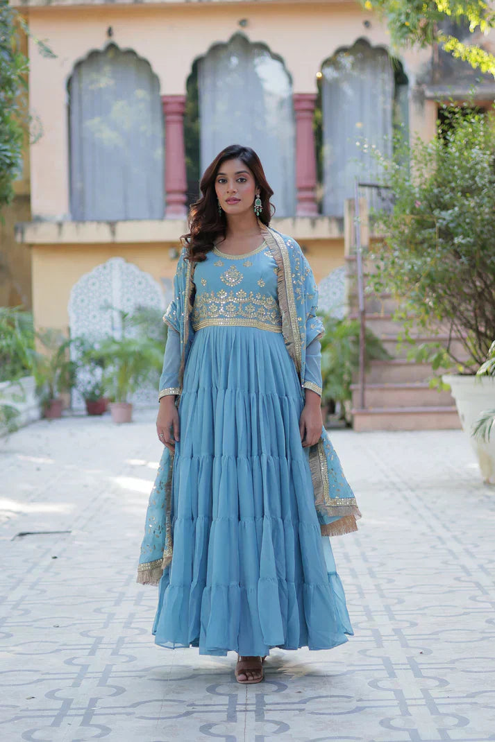 WEDDING SPECIAL STAR GEORGETTE ZARI SEQUINS EMBROIDERED GOWN WITH DUPATTA PFAB156) (02)