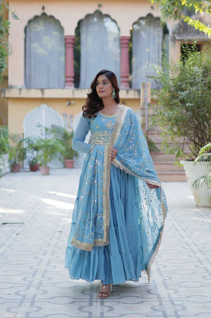 WEDDING SPECIAL STAR GEORGETTE ZARI SEQUINS EMBROIDERED GOWN WITH DUPATTA PFAB156) (02)