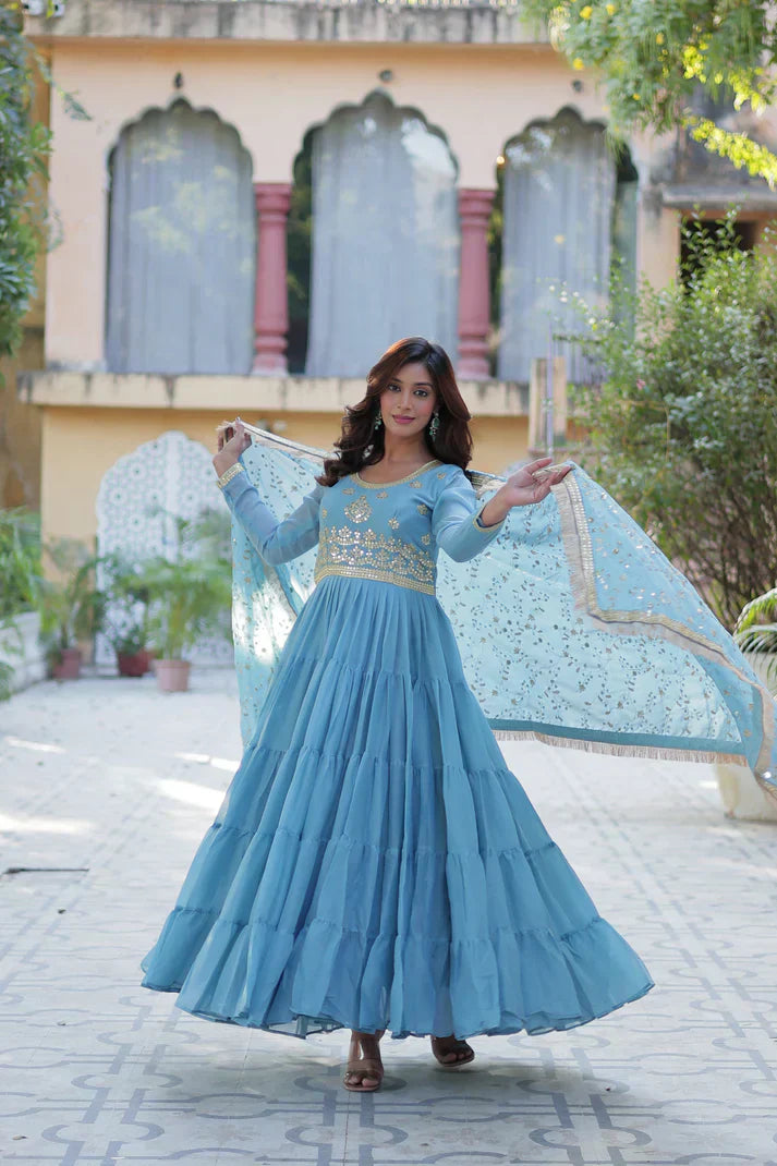 WEDDING SPECIAL STAR GEORGETTE ZARI SEQUINS EMBROIDERED GOWN WITH DUPATTA PFAB156) (02)