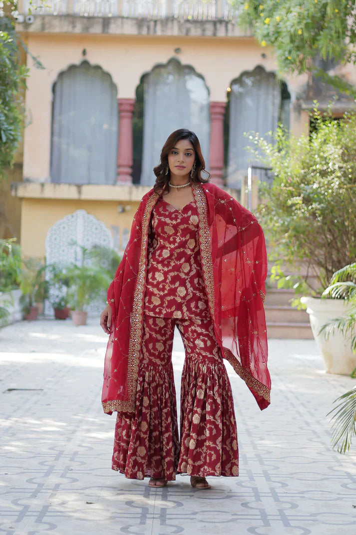 WEDDING SPECIAL VISCOSE GEORGETTE JACQUARD GHARARA SET WITH DUPATTAPFAB1120)