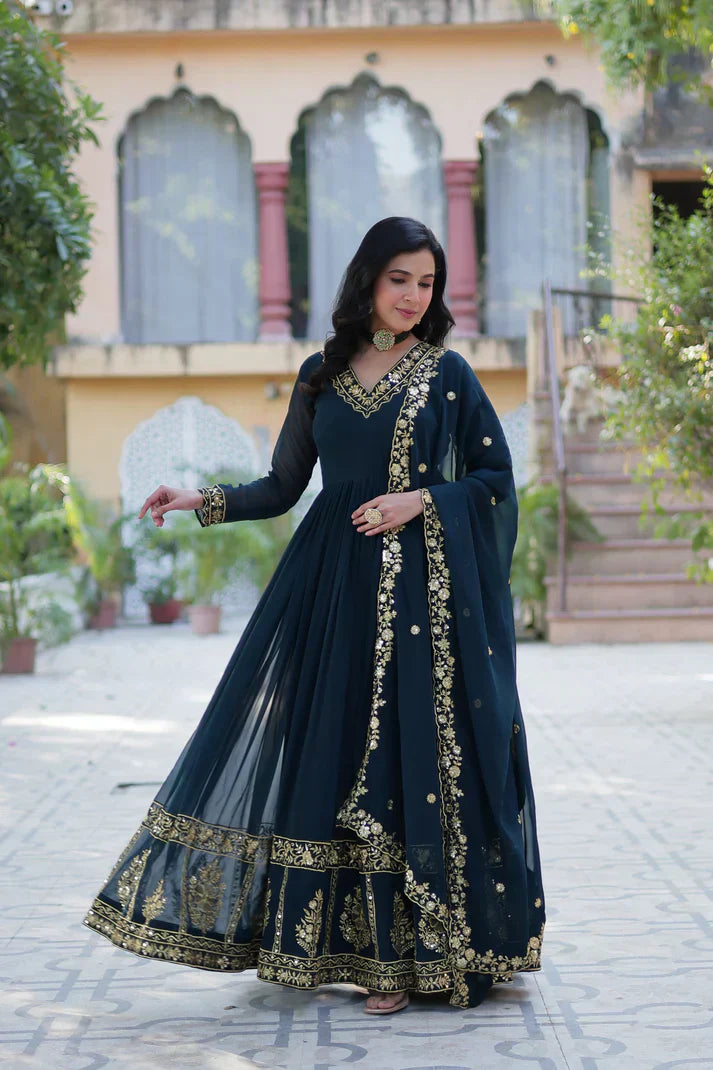 WEDDING SPECIAL FAUX BLOOMING GEORGETTE EMBROIDERED GOWN WITH DUPATTAPFAB159)