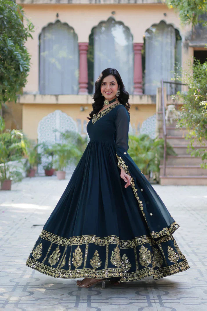 WEDDING SPECIAL FAUX BLOOMING GEORGETTE EMBROIDERED GOWN WITH DUPATTAPFAB1112)